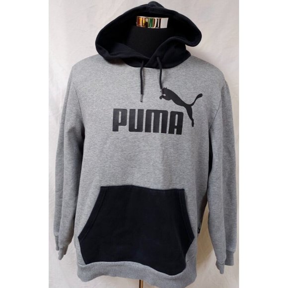 PUMA Essentials XL Grey Black Big Logo Spellout Pullover Sweatshirt Hoodie - Picture 1 of 13